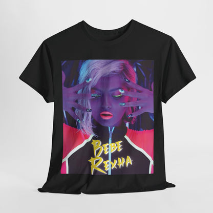A black graphic t-shirt featuring a stylized graphic of Bebe Rexha, designed with a modern pop aesthetic.