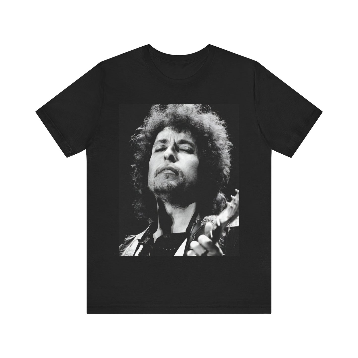 A black graphic t-shirt featuring a retro black and white graphic or photo of Bob Dylan performing live.