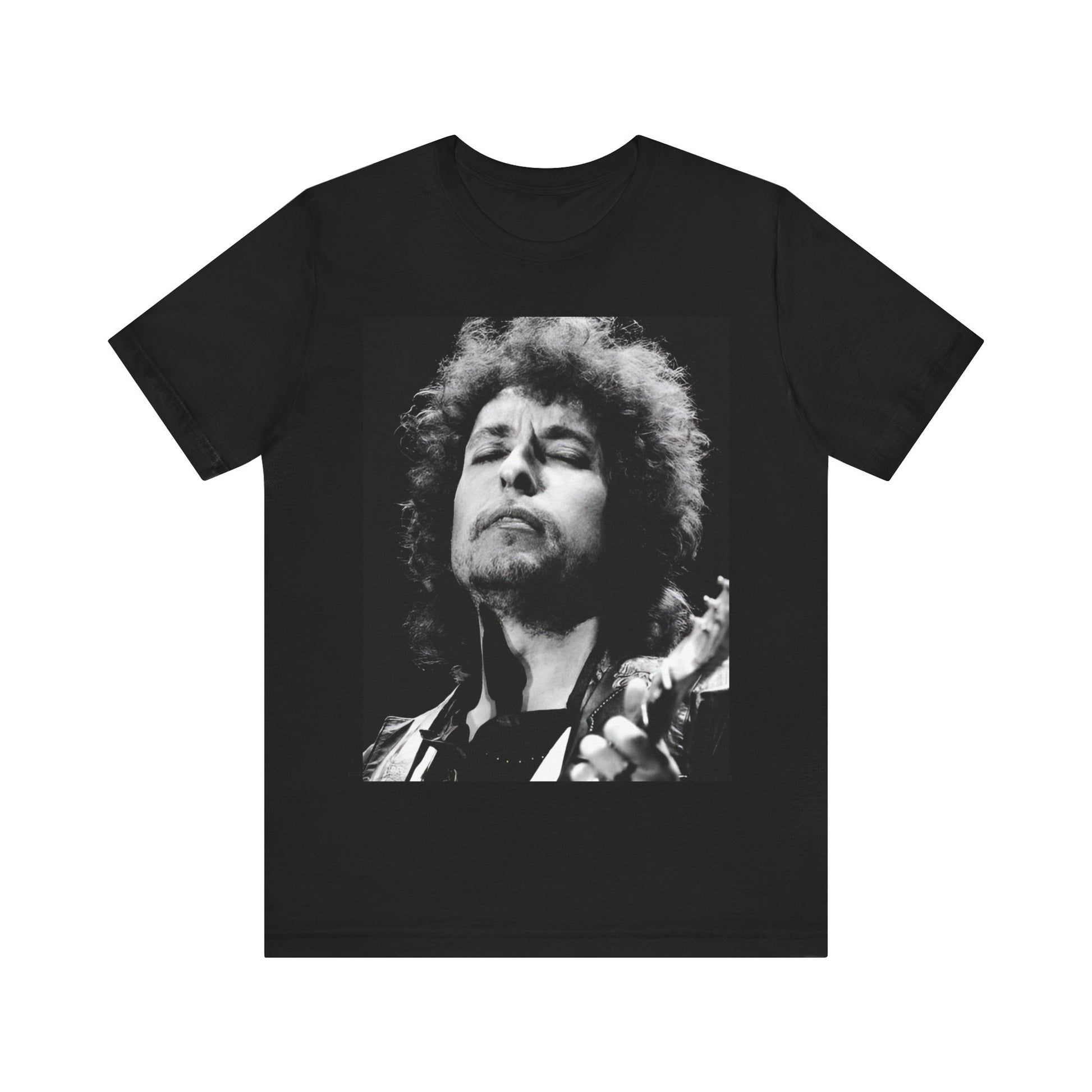 A black graphic t-shirt featuring a retro black and white graphic or photo of Bob Dylan performing live.