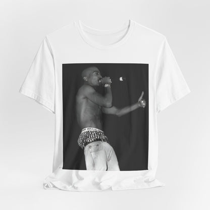 A black graphic t-shirt featuring a graphic of Tupac as a justice fighter.