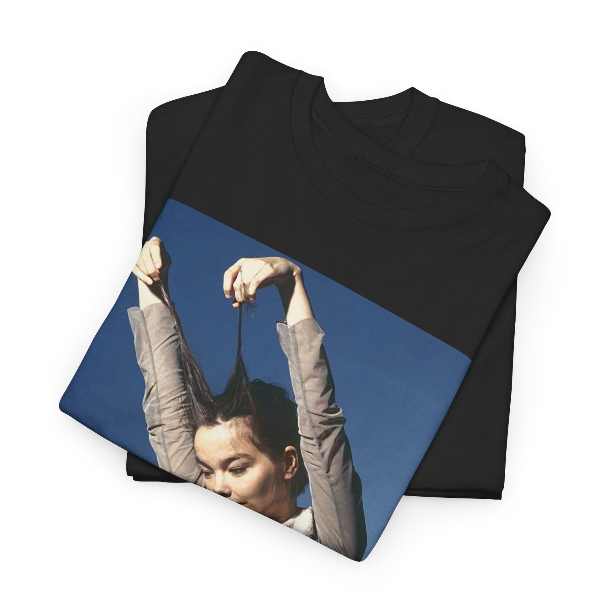 A black graphic t-shirt featuring a graphic of Bjork, designed with a futuristic or timeless aesthetic, labeling it a 'future classic'.