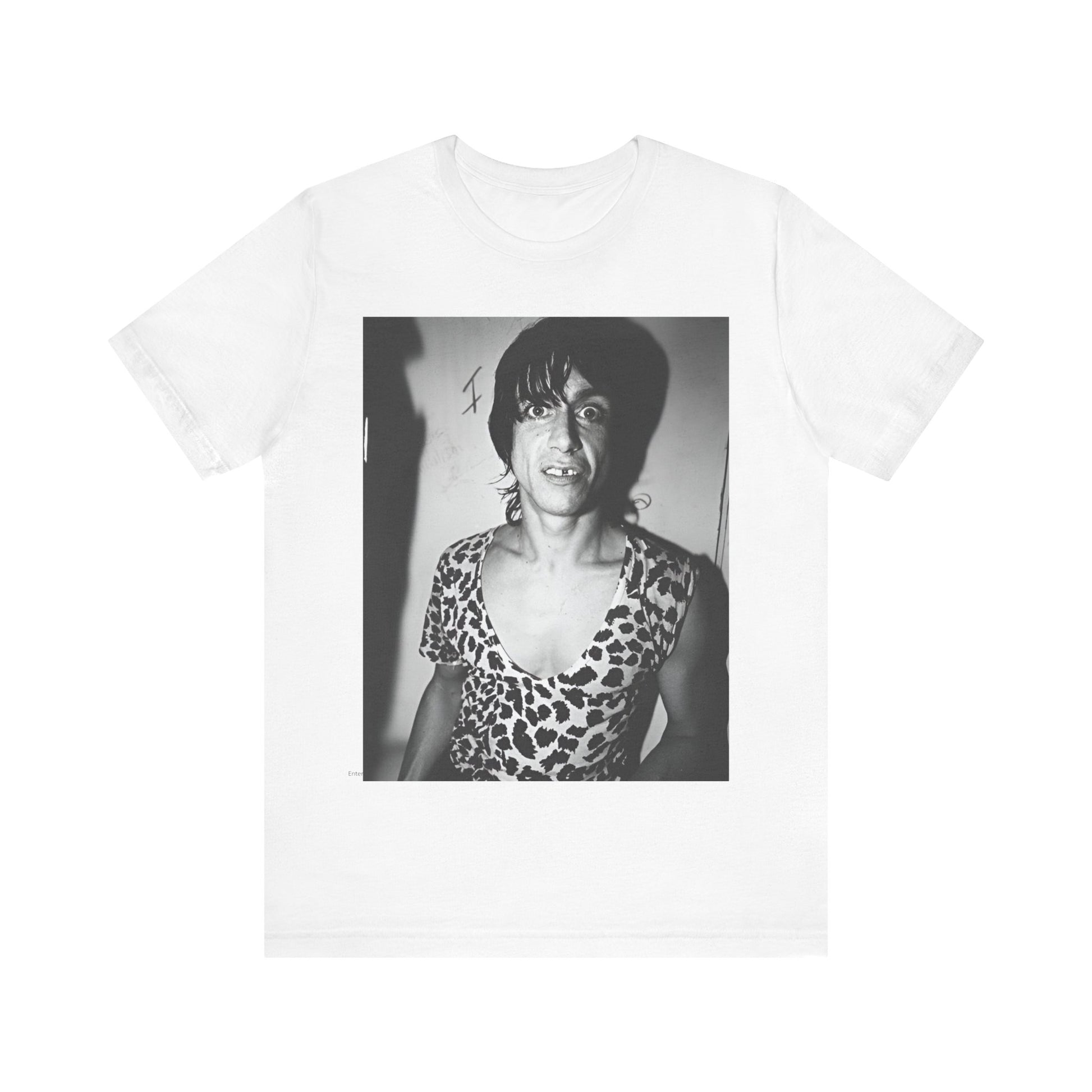A black graphic t-shirt featuring a graphic of Iggy Pop and The Stooges in a punk style.
