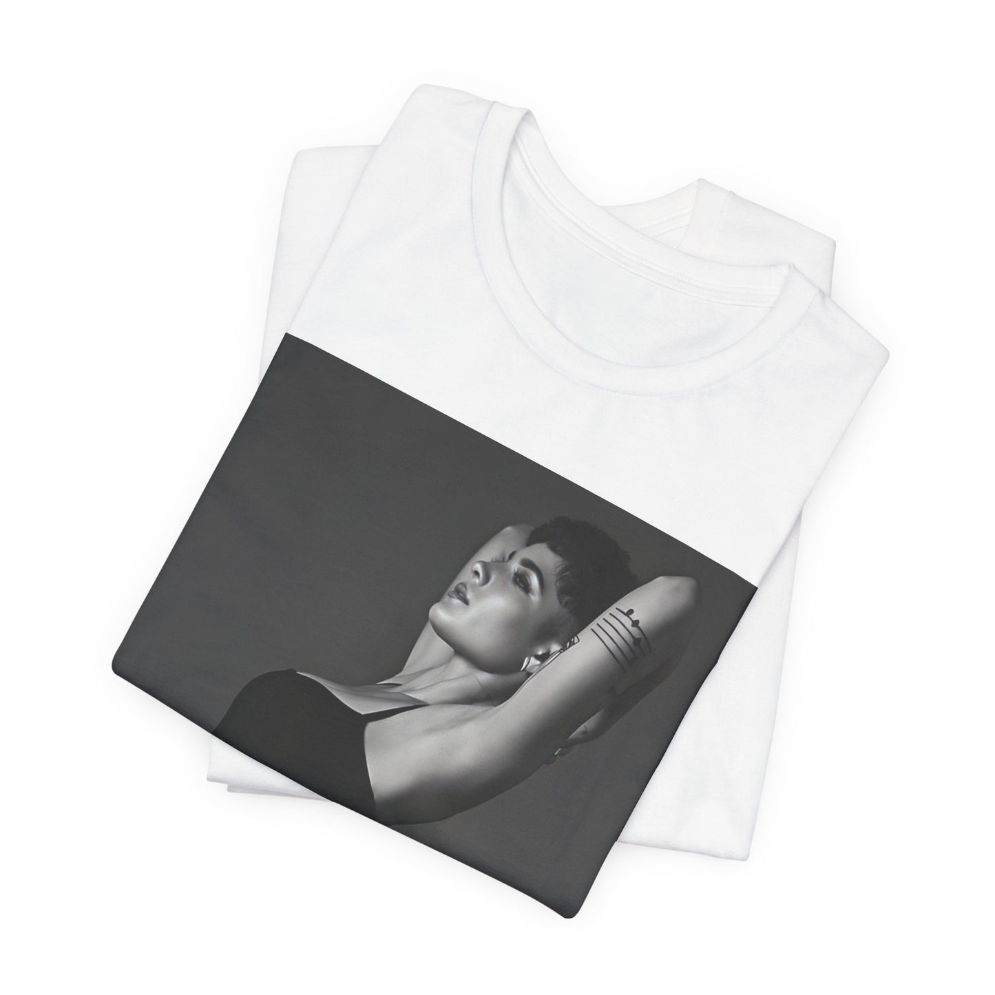 A black graphic t-shirt featuring a black and white, monochrome graphic or photo of Halsey.