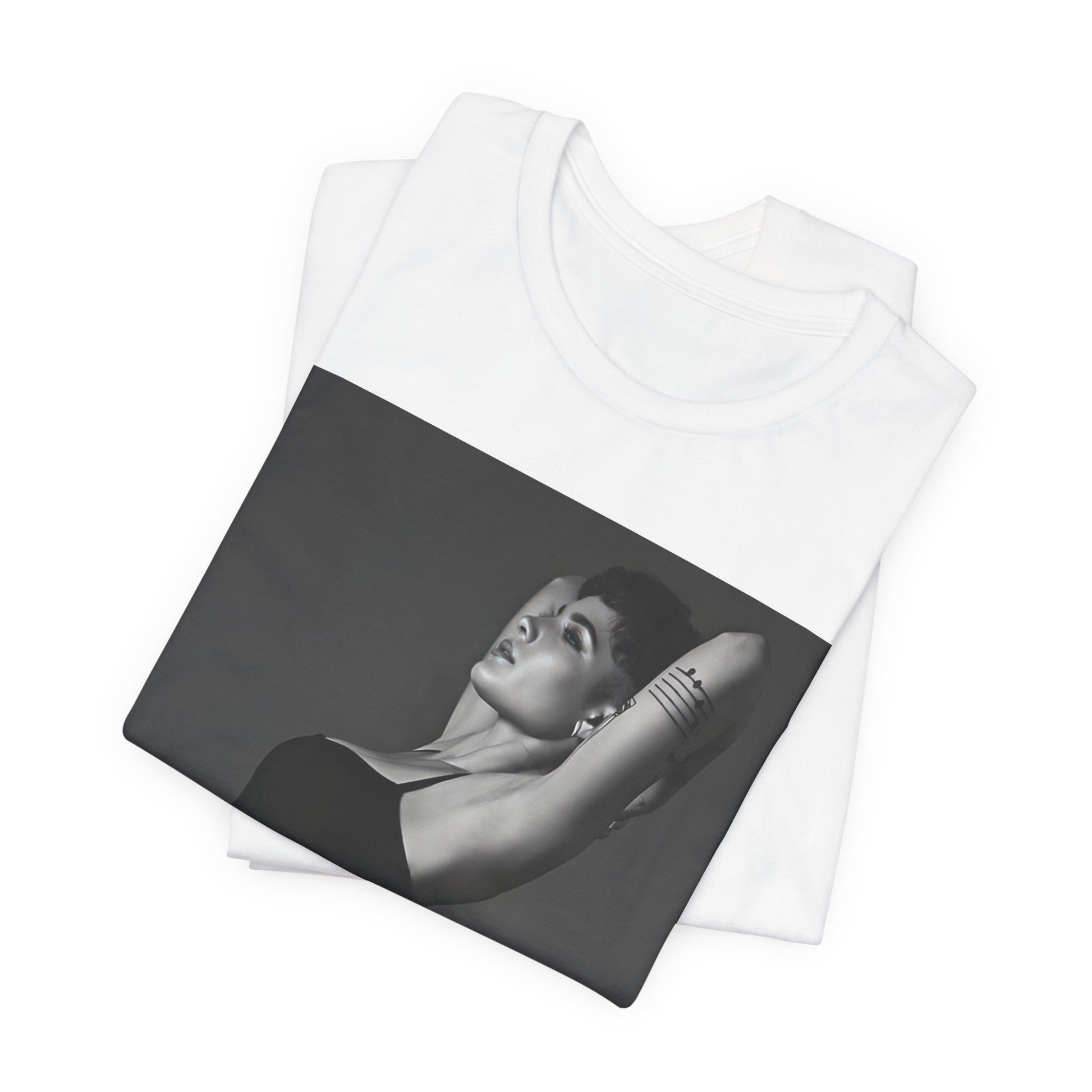 A black graphic t-shirt featuring a black and white, monochrome graphic or photo of Halsey.