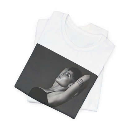 A black graphic t-shirt featuring a black and white, monochrome graphic or photo of Halsey.