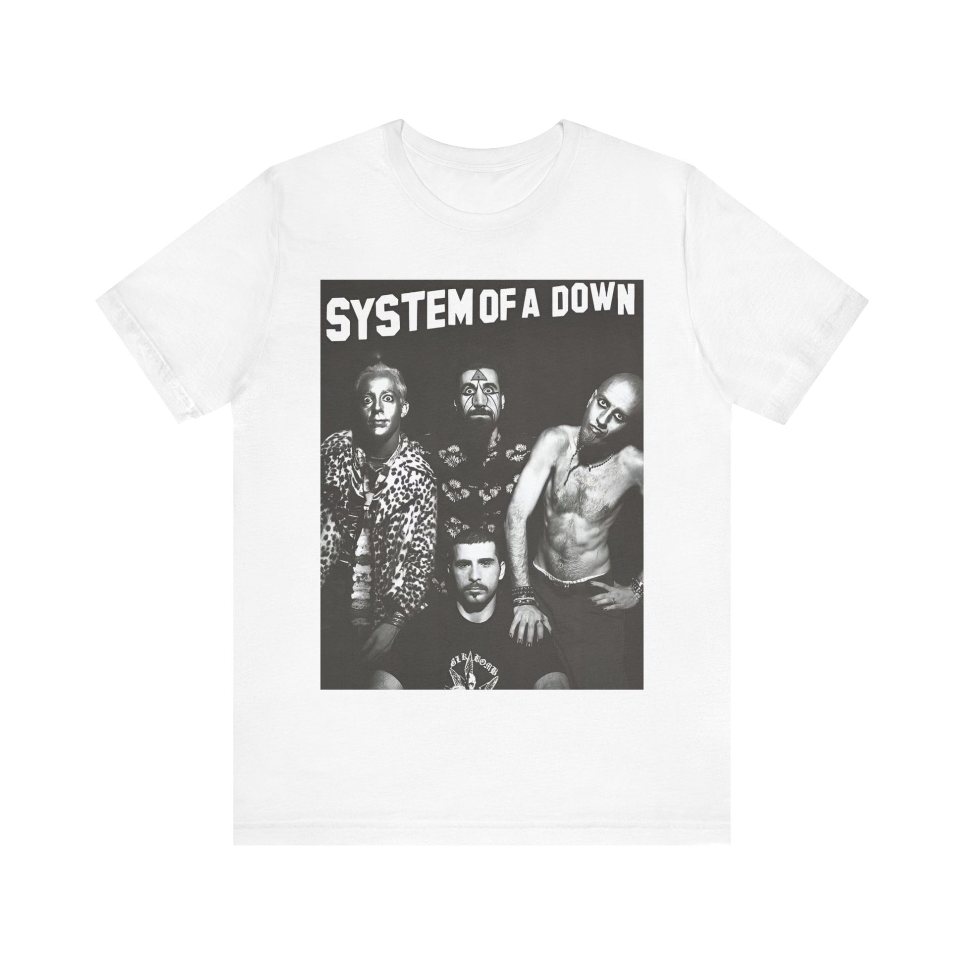 A black graphic t-shirt featuring a black and white graphic related to System of a Down's 'Chop Suey!' song or era.