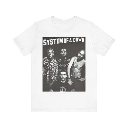 A black graphic t-shirt featuring a black and white graphic related to System of a Down's 'Chop Suey!' song or era.