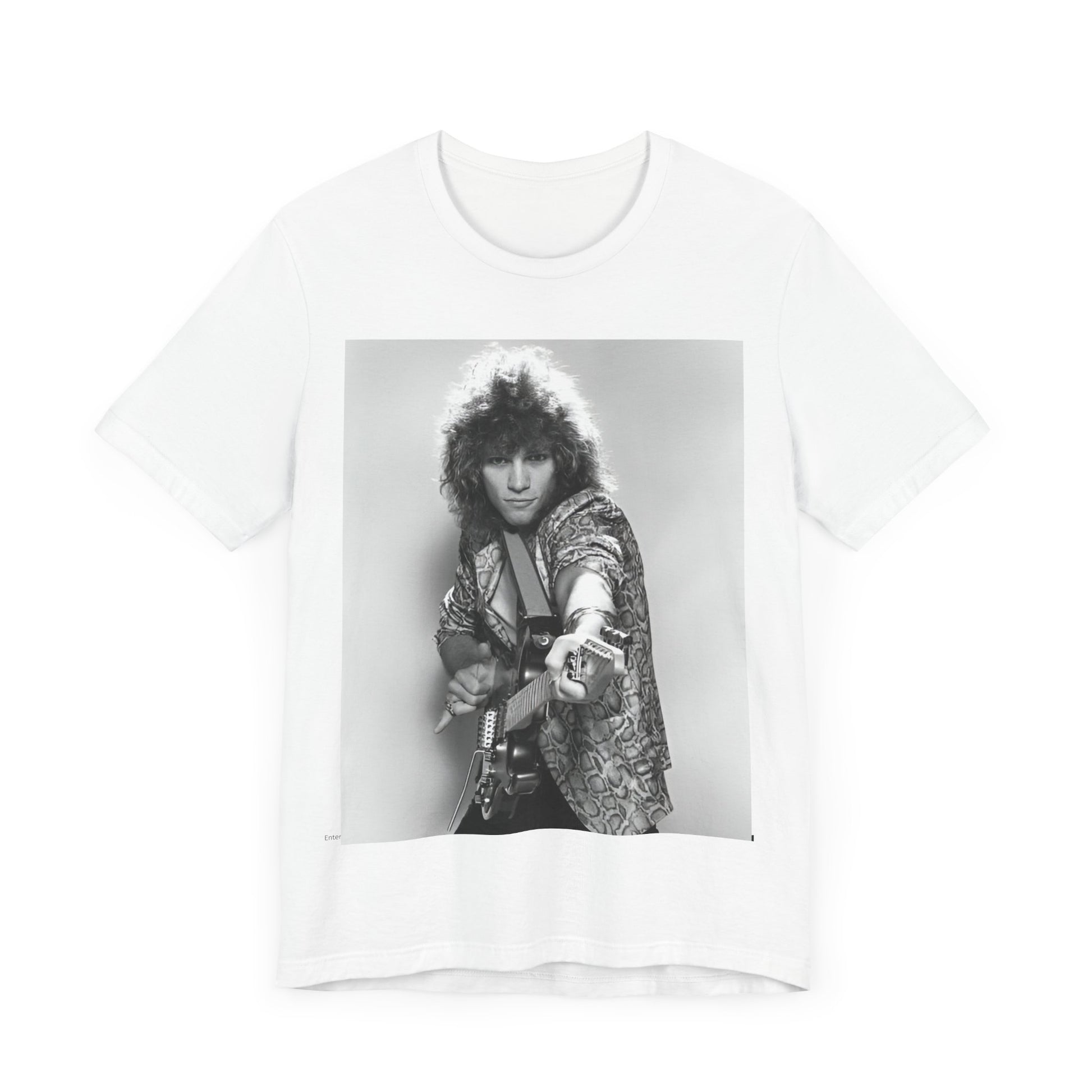 A black graphic t-shirt featuring a vintage 80s rock graphic of Bon Jovi.