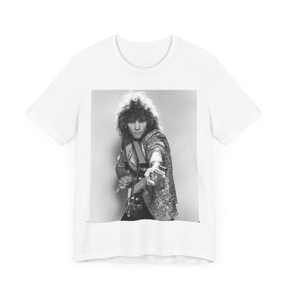 A black graphic t-shirt featuring a vintage 80s rock graphic of Bon Jovi.