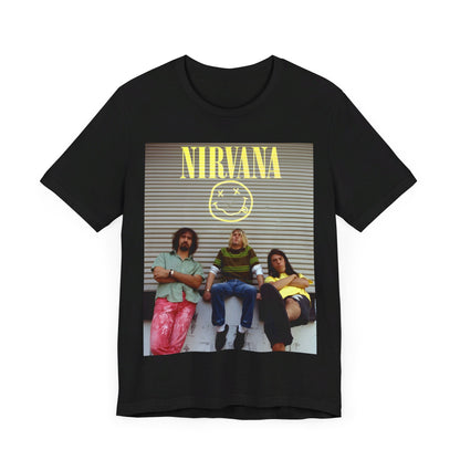 A black graphic t-shirt featuring an early days band photo of Nirvana.