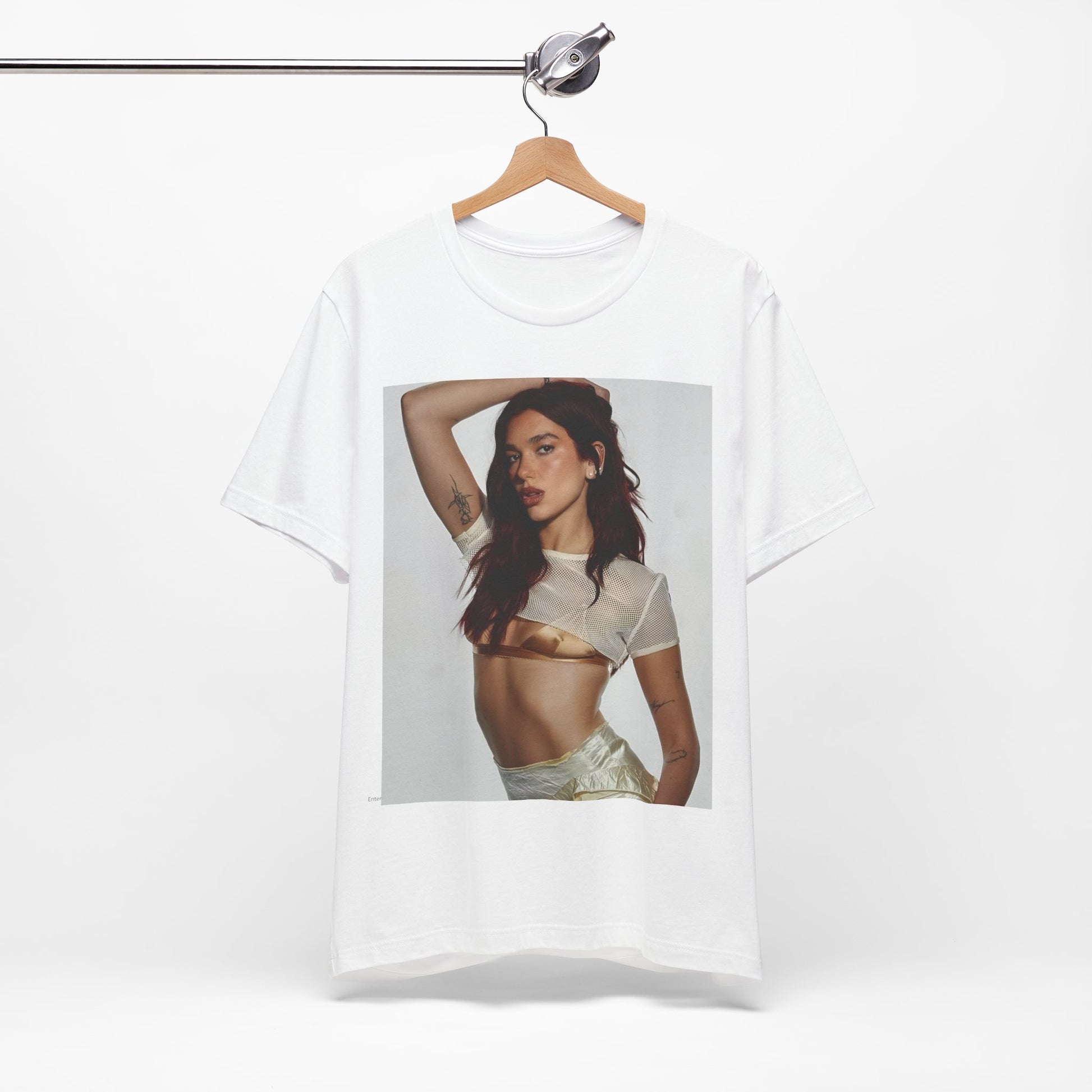 A black graphic t-shirt featuring a minimal graphic of Dua Lipa.