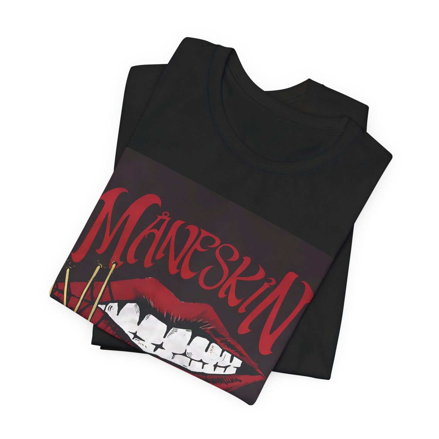 A black graphic t-shirt featuring a graphic related to Maneskin's song "Zitti E Buoni."