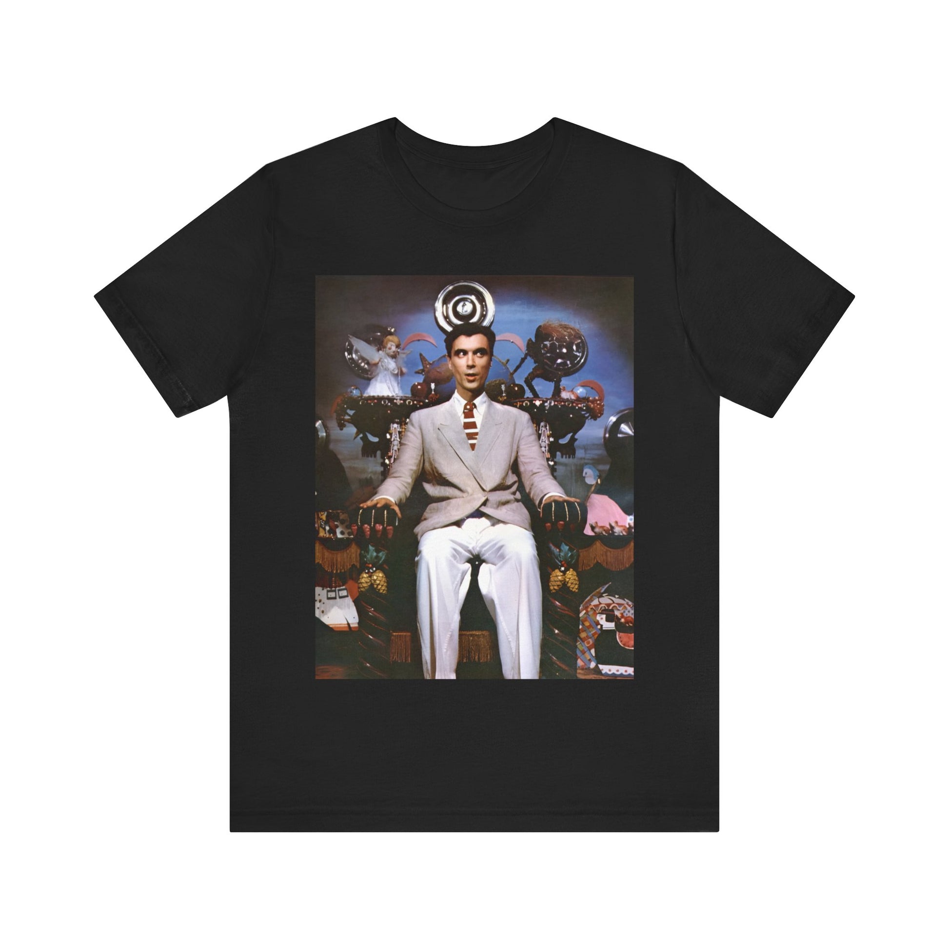 A black graphic t-shirt featuring a graphic related to Talking Heads' 'Psycho Killer' song or era.