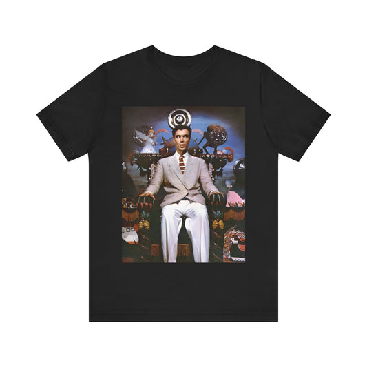 A black graphic t-shirt featuring a graphic related to Talking Heads' 'Psycho Killer' song or era.