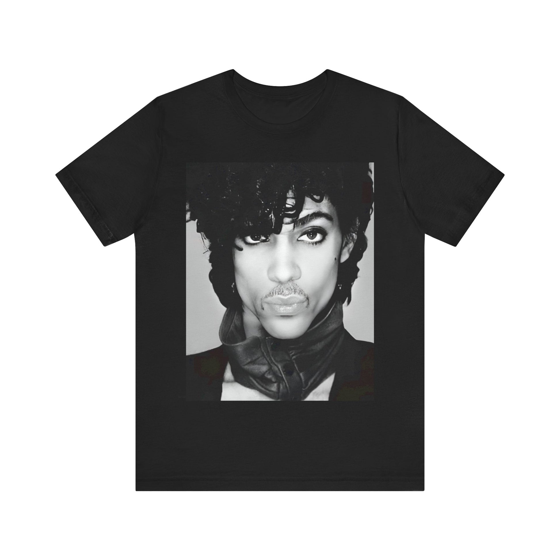 A black graphic t-shirt featuring a black and white photo portrait of Prince.