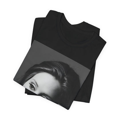 A black graphic t-shirt featuring a vintage-style black and white studio portrait of Adele, showing her with a poised and elegant expression.