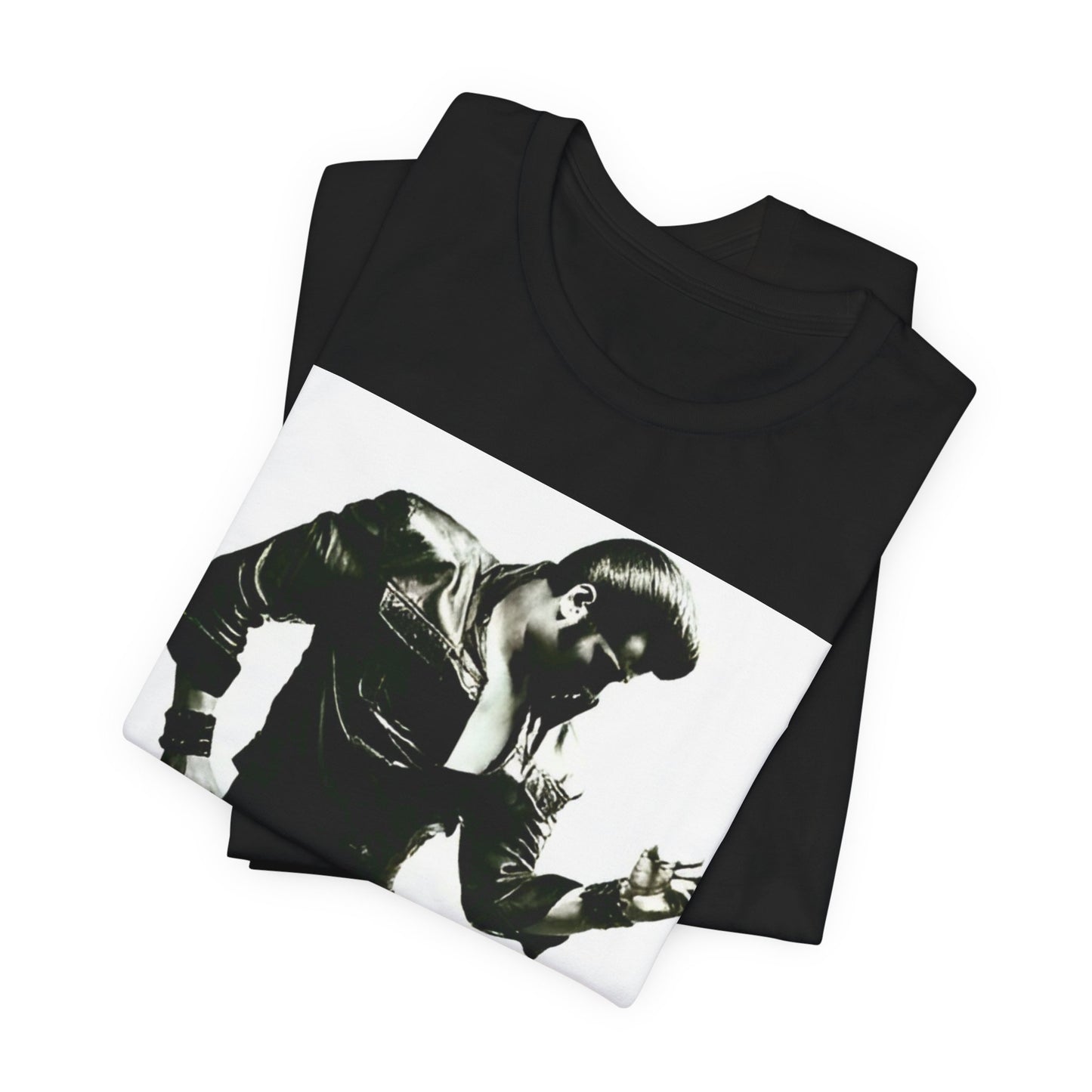 A black graphic t-shirt featuring a retro black and white monochrome photo or graphic of Elvis Presley.
