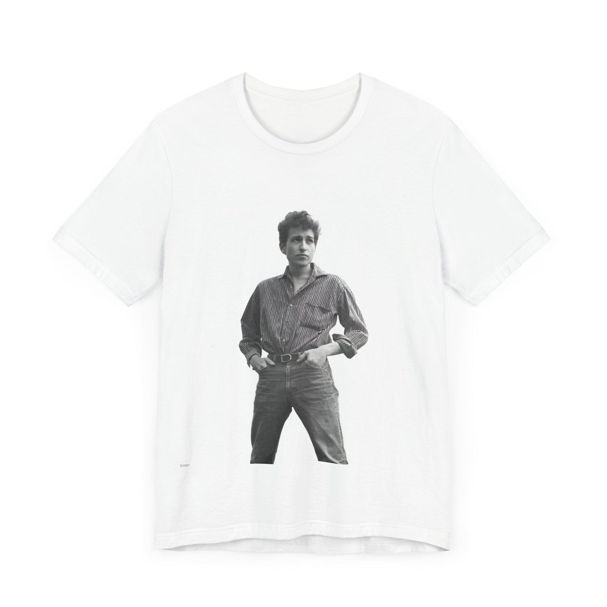 A black graphic t-shirt featuring a vintage 60s folk aesthetic graphic of Bob Dylan.