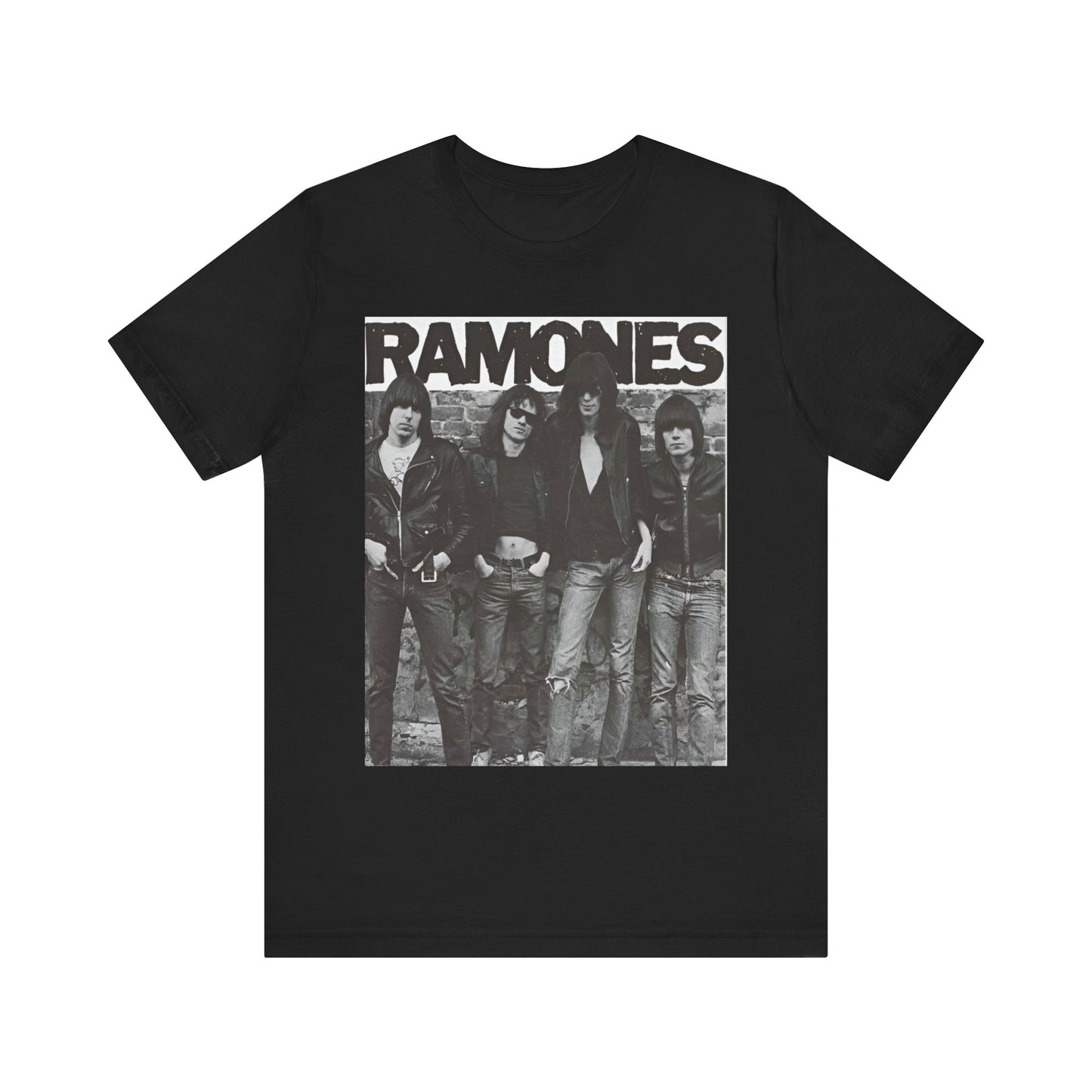 A black graphic t-shirt featuring a 70s vintage punk rock graphic of the Ramones.