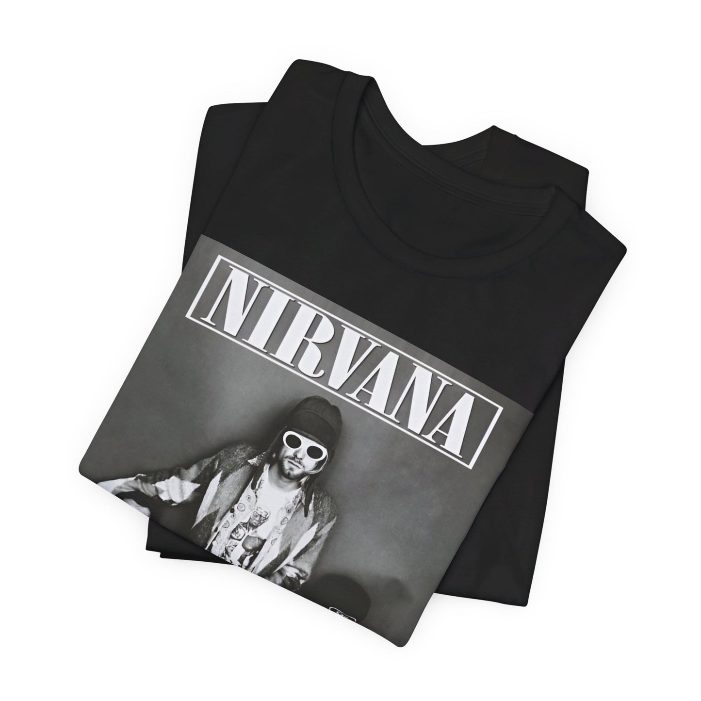 A black graphic t-shirt featuring a 90s rock rebels graphic of Nirvana.