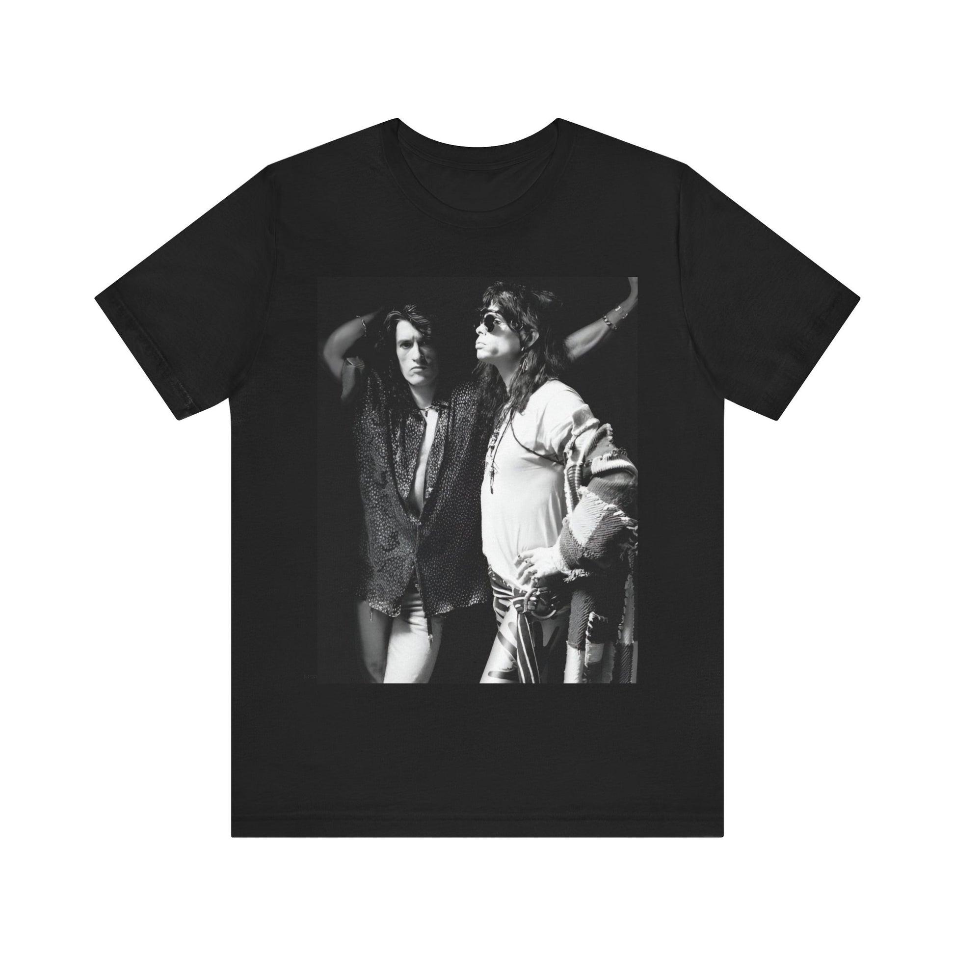 A black graphic t-shirt featuring a dynamic photo or illustration of Aerosmith's Steven Tyler and Joe Perry performing together on stage, highlighting their synergy.