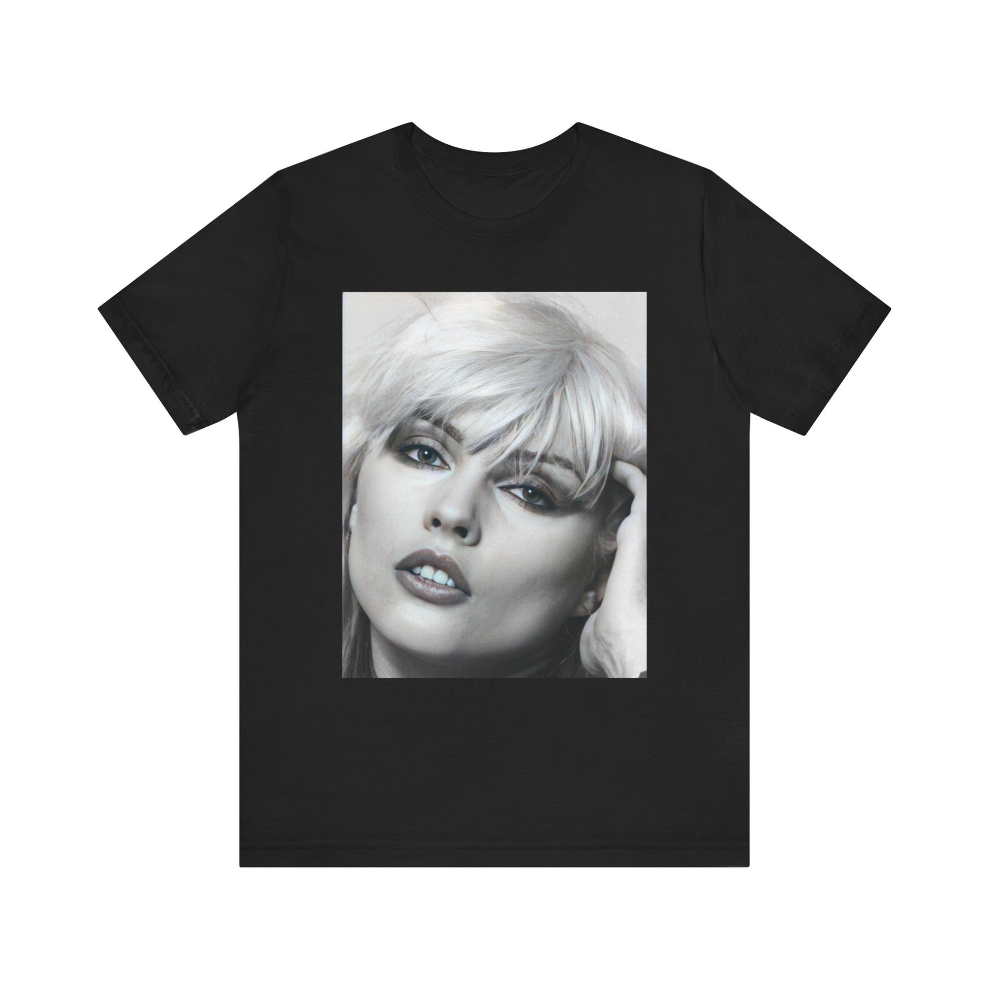 A black graphic t-shirt featuring an iconic black and white portrait photo of Debbie Harry from Blondie.