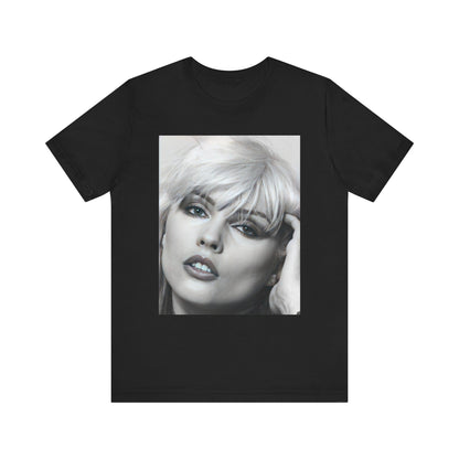 A black graphic t-shirt featuring an iconic black and white portrait photo of Debbie Harry from Blondie.