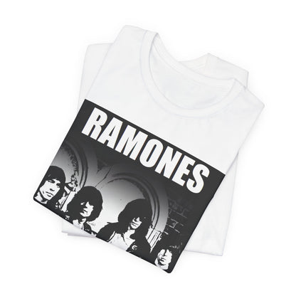 A black graphic t-shirt featuring a graphic of the Ramones as punk rock pioneers.
