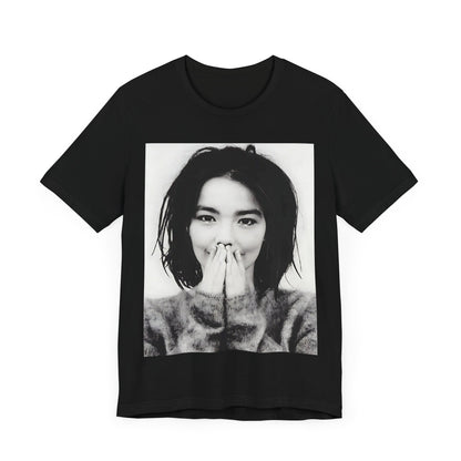 A black graphic t-shirt featuring a 90s black and white photographic portrait of Bjork.