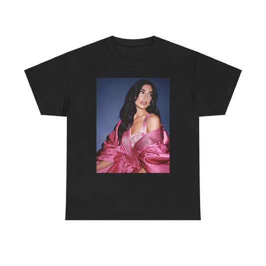 A black graphic t-shirt featuring a retro photo of Dua Lipa from her "Future Nostalgia" era.