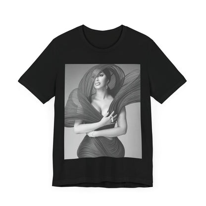A black graphic t-shirt featuring a black and white graphic of Cardi B, emphasizing her 'Bronx Princess' or rap icon status.