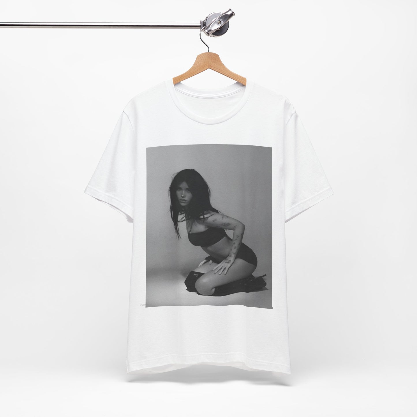 A black graphic t-shirt featuring a black and white, monochrome graphic or photo of Nessa Barrett.