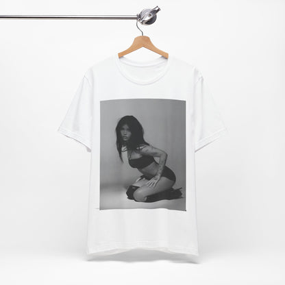 A black graphic t-shirt featuring a black and white, monochrome graphic or photo of Nessa Barrett.