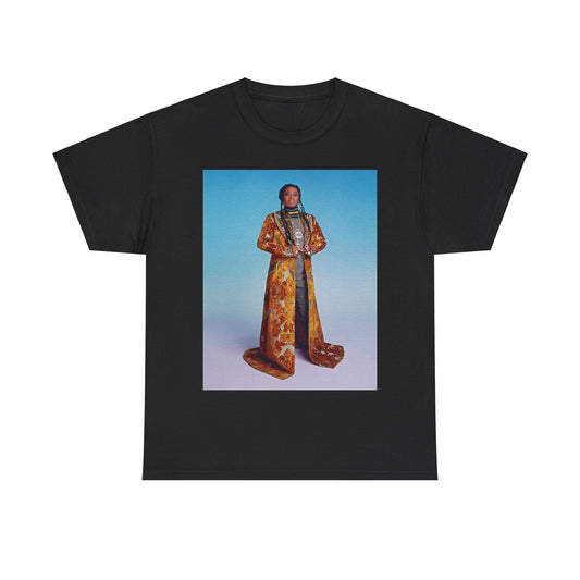 A black graphic t-shirt featuring a graphic of Missy Elliott as an iconic fashion trendsetter.
