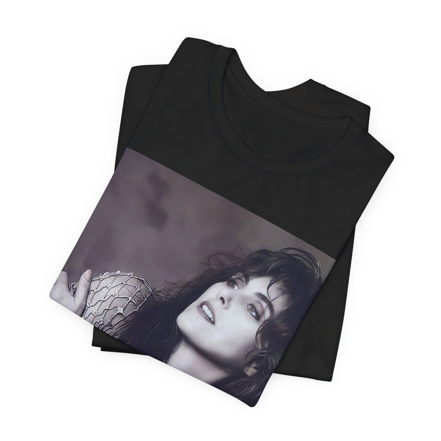 A black graphic t-shirt featuring a bold 80s superstar graphic of Laura Branigan.