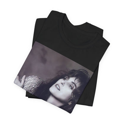 A black graphic t-shirt featuring a bold 80s superstar graphic of Laura Branigan.