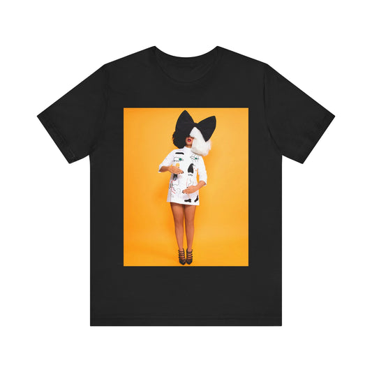 A black graphic t-shirt featuring a graphic of Sia as an art pop visionary.