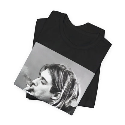 A black graphic t-shirt featuring a vintage photo of a Nirvana member with a cigarette.