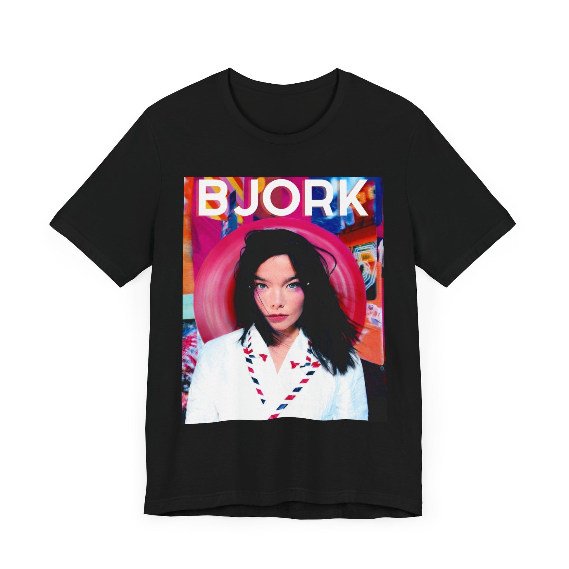 A black graphic t-shirt featuring an artistic or aesthetic pop art graphic of Bjork, with vibrant colors or bold lines.