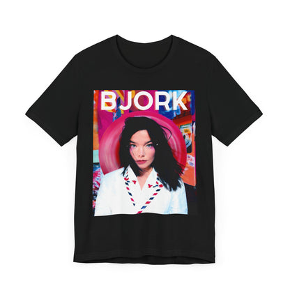 A black graphic t-shirt featuring an artistic or aesthetic pop art graphic of Bjork, with vibrant colors or bold lines.