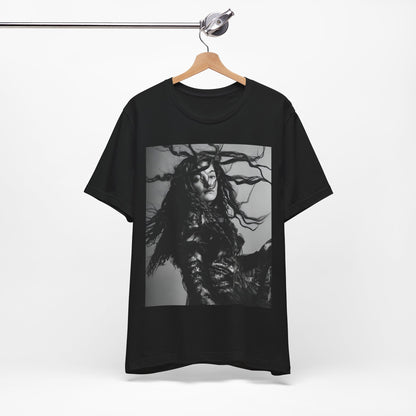 A black graphic t-shirt featuring a black and white retro photo or graphic of Lorde.