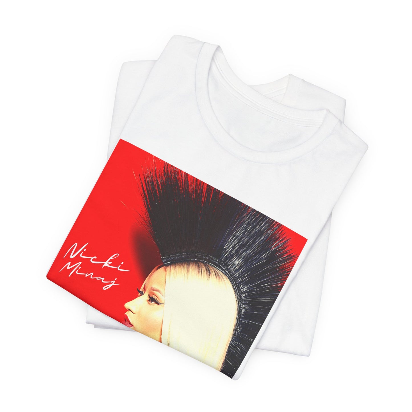 A black graphic t-shirt featuring a graphic of Nicki Minaj as a female rap pioneer.