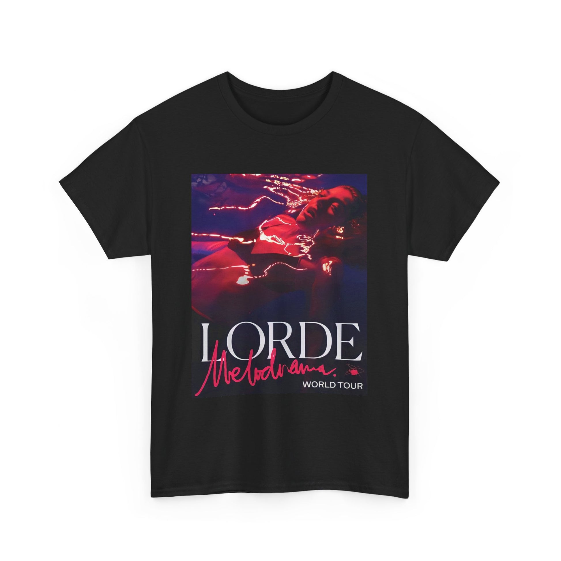 A black graphic t-shirt featuring a graphic related to Lorde's 'Melodrama' World Tour.