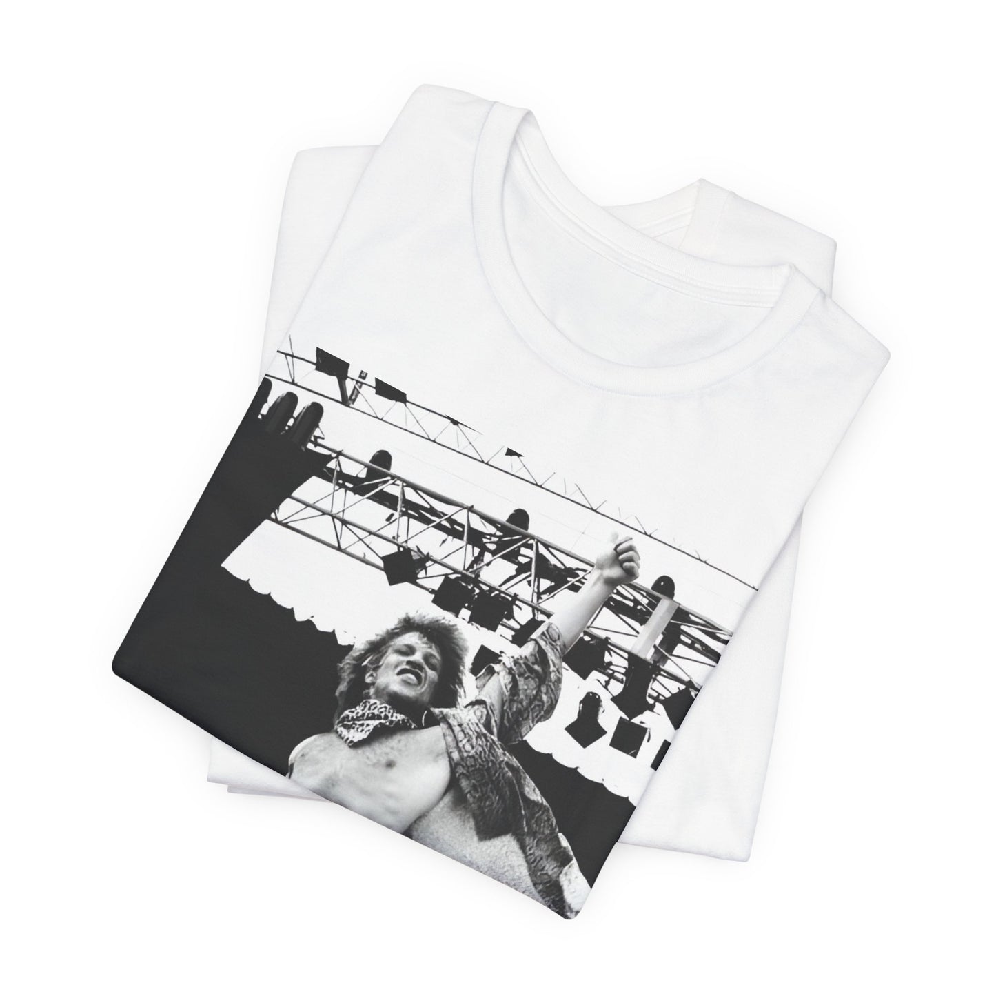 A black graphic t-shirt featuring an epic arena rock graphic of Bon Jovi performing on a large stage.