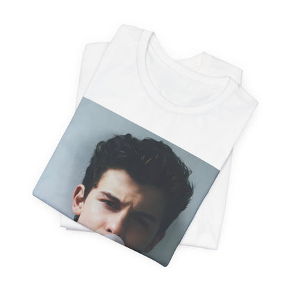 A black graphic t-shirt featuring a photo of Shawn Mendes with a fierce, confident gaze.