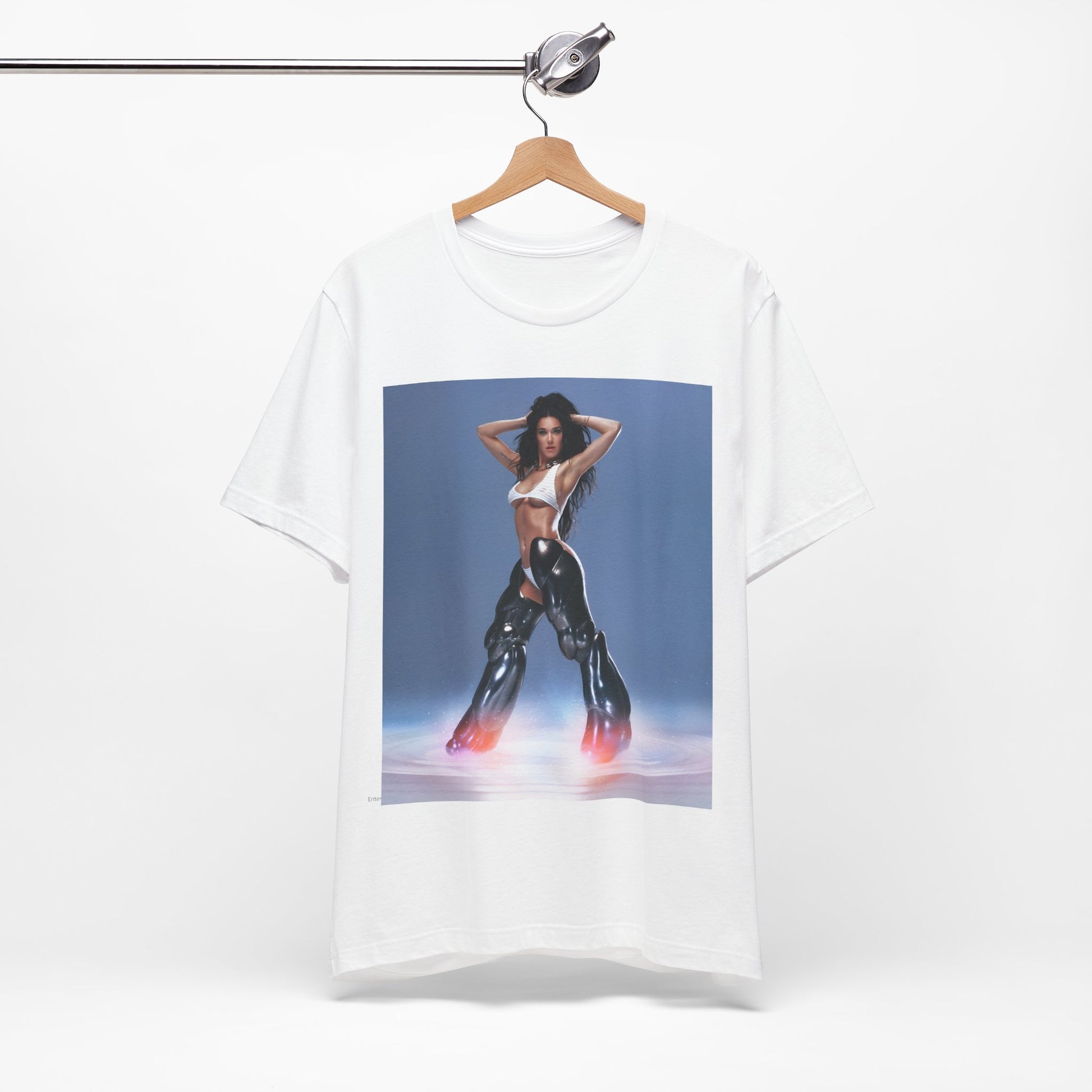 A black graphic t-shirt featuring a graphic of Katy Perry as a pop diva.
