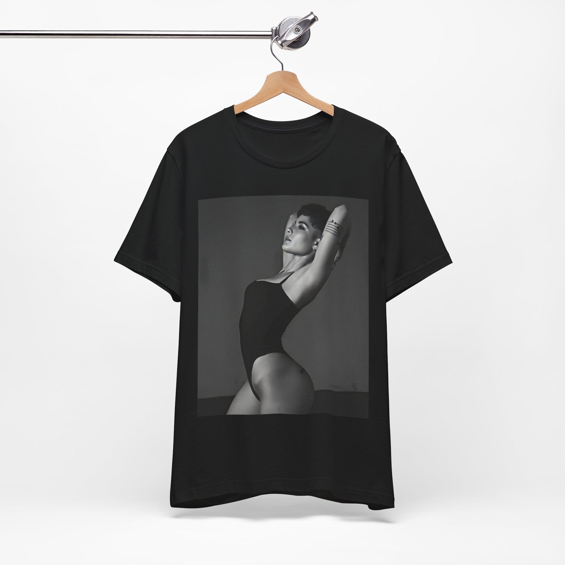 A black graphic t-shirt featuring a black and white, monochrome graphic or photo of Halsey.