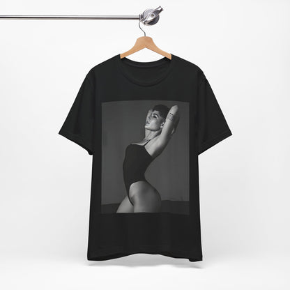 A black graphic t-shirt featuring a black and white, monochrome graphic or photo of Halsey.