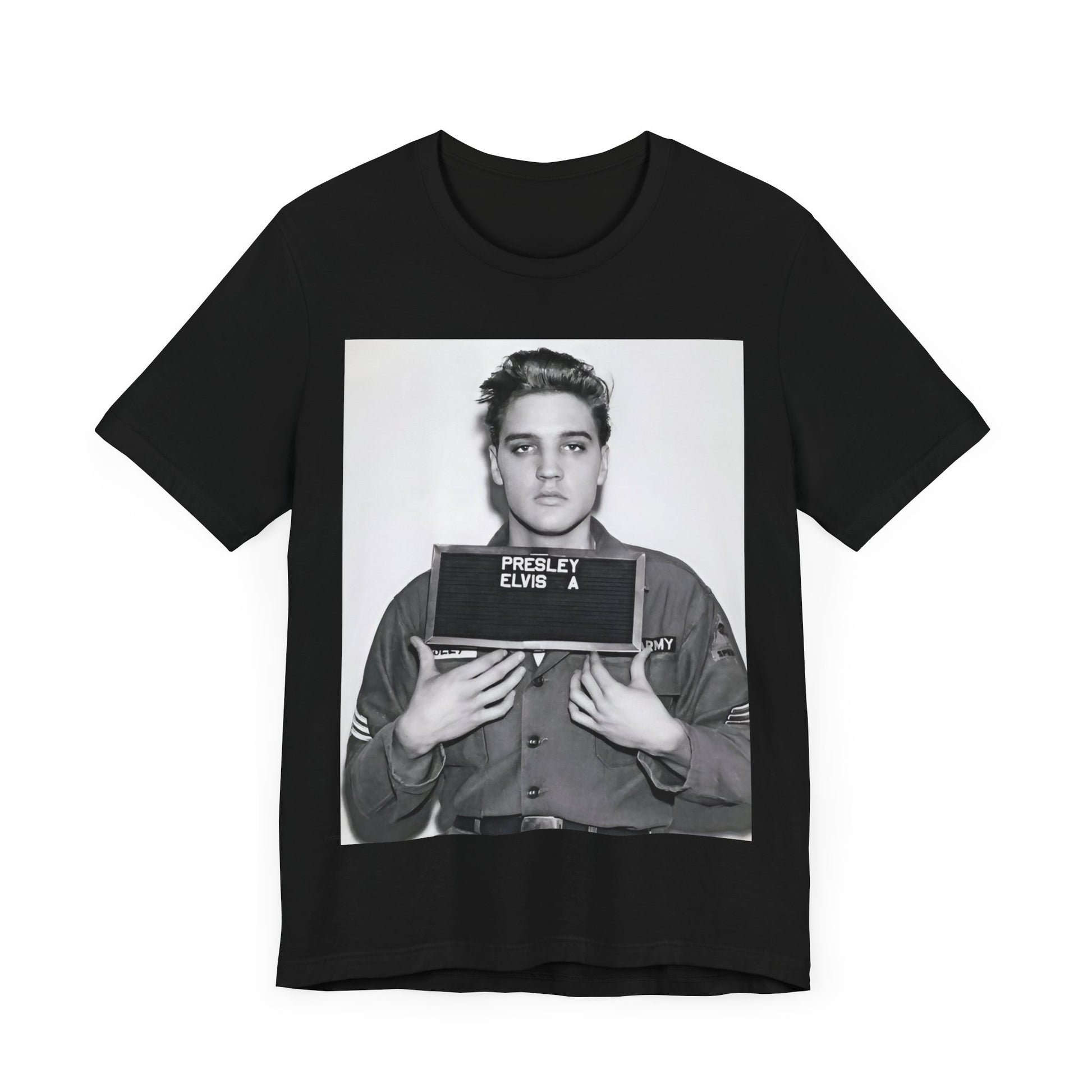 A black graphic t-shirt featuring a retro mugshot photo of Elvis Presley.