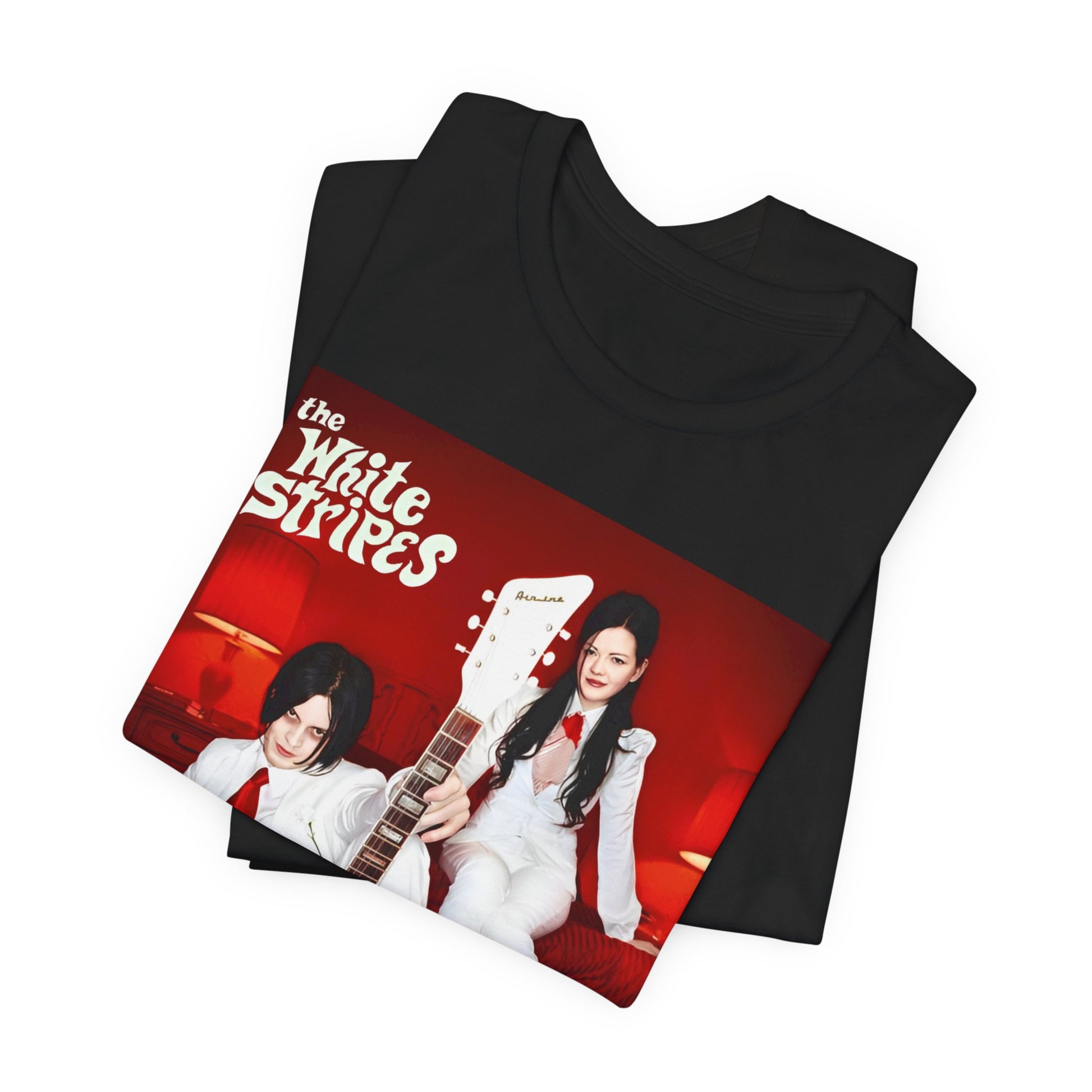 A black graphic t-shirt featuring a graphic related to The White Stripes' 'Seven Nation Army' song or era.
